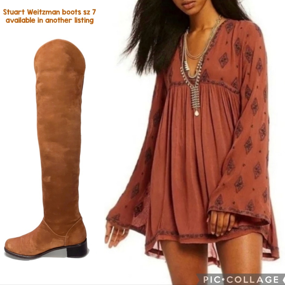 FREE PEOPLE Flowy Boho Tunic Dress Cottage Embroidered Burnt Orange Blu Roomy XS - Picture 11 of 11